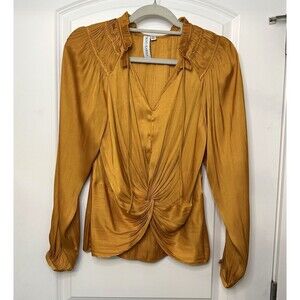 Grace + Karma Gold Satin Boho Peasant Blouse Ruched Twist Front S
